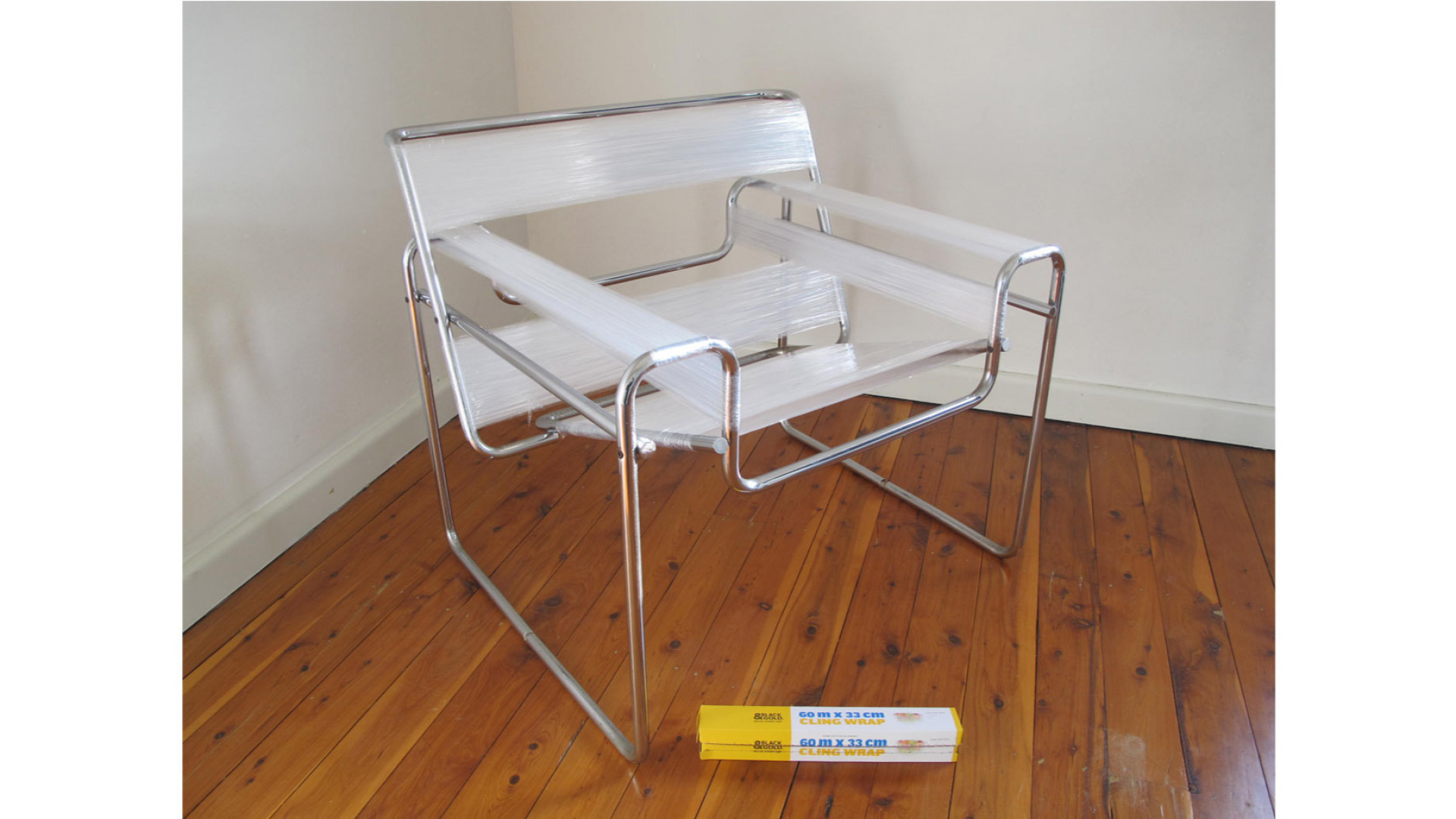 Wassily chair frame, cling wrap. 