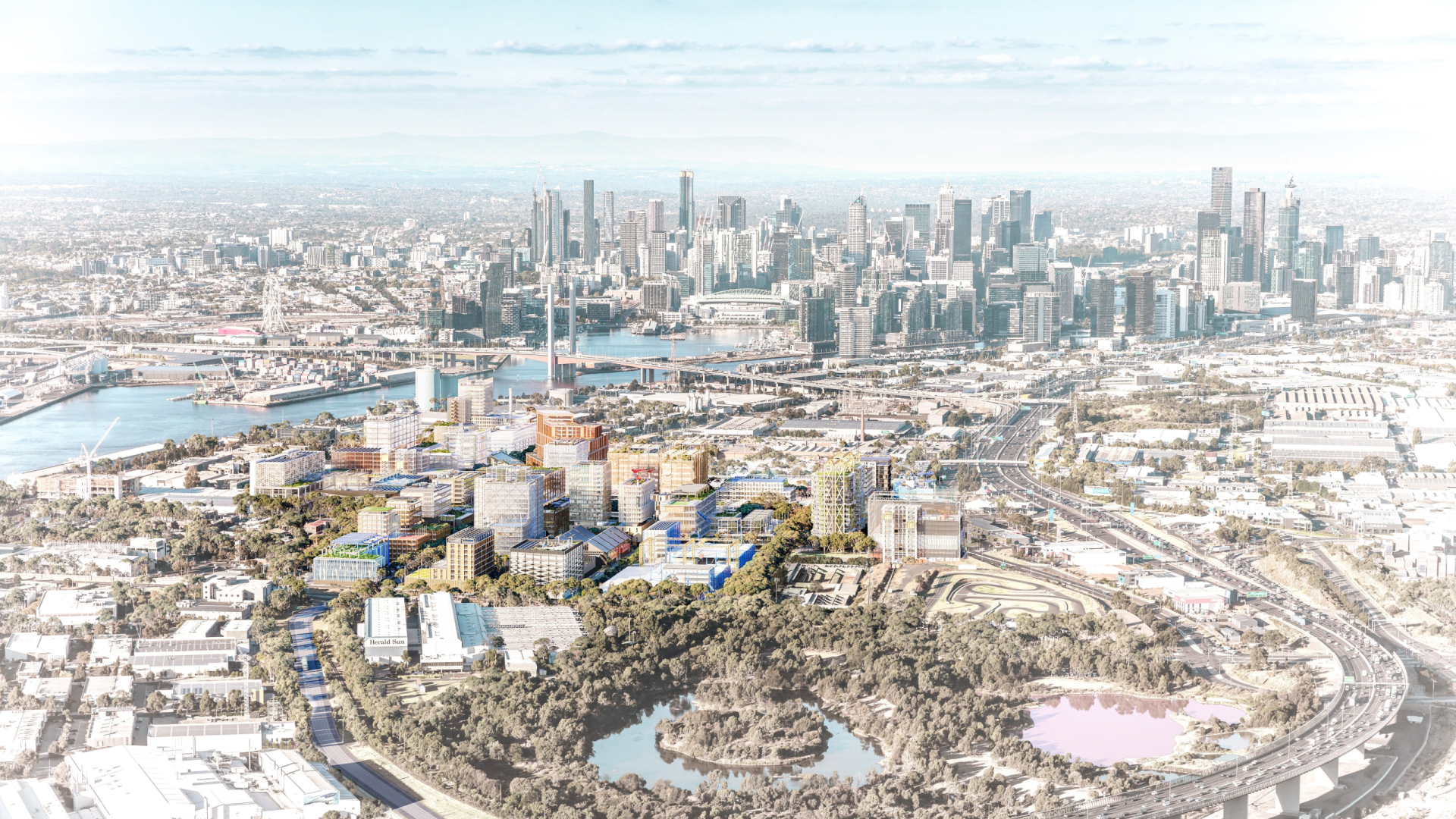Aerial view of the Innovation Precinct in Fishermans Bend, approx. four kilometres from the CBD (digital render). Artists impression year 2050.